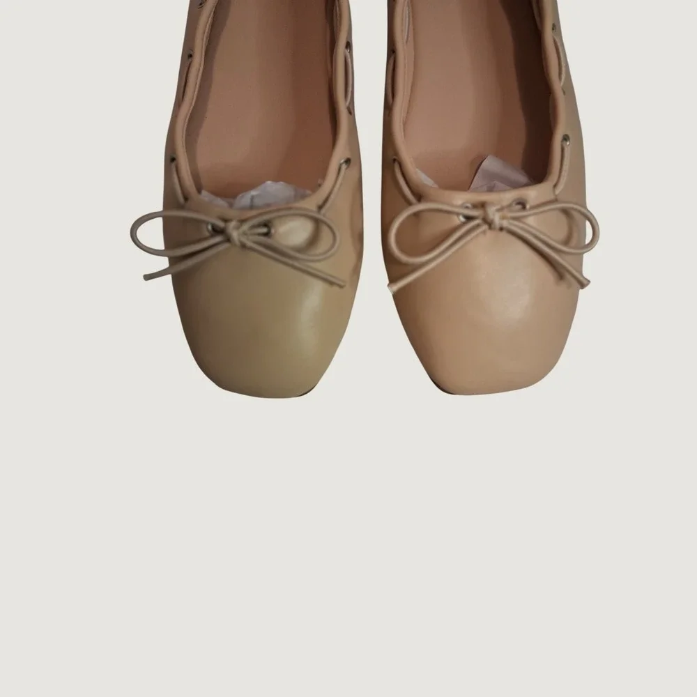 Dream Pairs Women's Beige Faux Leather Ballet Flats Bow Square Toe Size 10